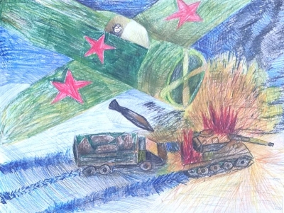 Окорочков Максим, 13 лет, " В разгар боя", бумага, цветные карандаши.