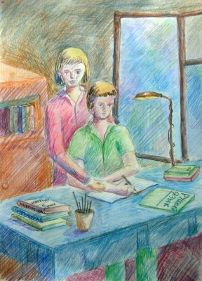 Корочина Алиса, "Домашнее задание", цветные  карандаши.