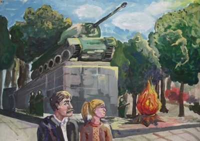 Куцуева Кристина, 14 лет, "Вечный огонь в сквере танкистов", бумага, гуашь.