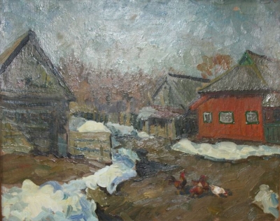 Семёнова М.Е.,"Деревня  в Орловском Полесье", картон, масло, 40х50, 2011 г.