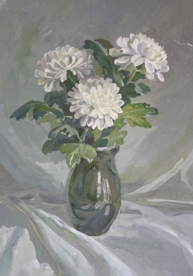 "Нежные хризантемы", 21х42, бумага, гуашь, 2011 г.
