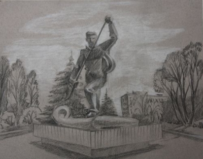 Н.Руднева, "Памятник сталевару", тон. б. уголь, мел, 2016 г.