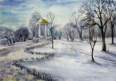 Н.Руднева, "Зима"., б. акварель, 2015 г.