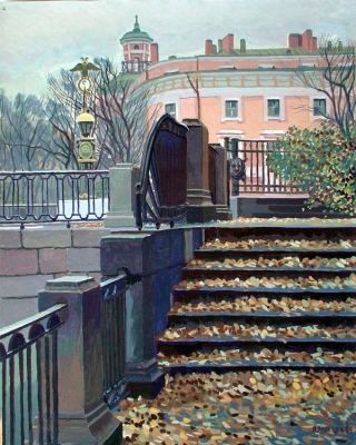 Лебедев В.И., "Осенняя пора. Михайловский замок\", 2004. Картон, гуашь, темпера.
