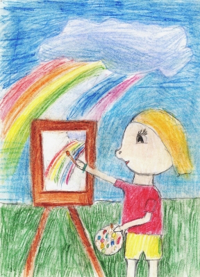 Михеева Ксения, 8 лет, "Рисую радугу", бумага, цветные карандаши.