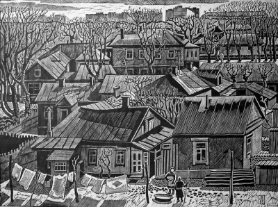 Лебедев В. И., "Крыши старого города Орла", 1985г. Бумага, линогравюра.