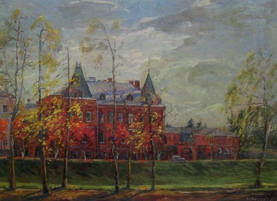 Топорова Л.С., "Пейзаж с красным зданием", 2012 г.