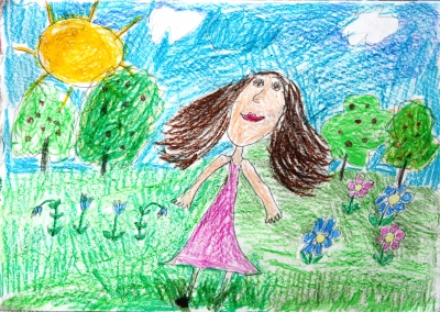 Киселёва Елизавета, 7 лет, "Я гуляю по поляне", бумага, цветные карандаши.