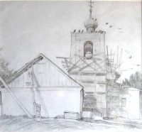 Строящаяся церковь близ Хмелиты. Бум,кар., 2005 г.